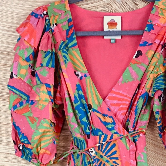 Farm Rio Macaw Ruffled Wrap Dress  100% Cotton In Coral Size XXS - Picture 7 of 16